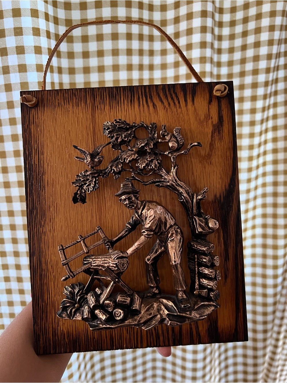Vintage Wood Wall Plaque with Copper Relief Lumberjack